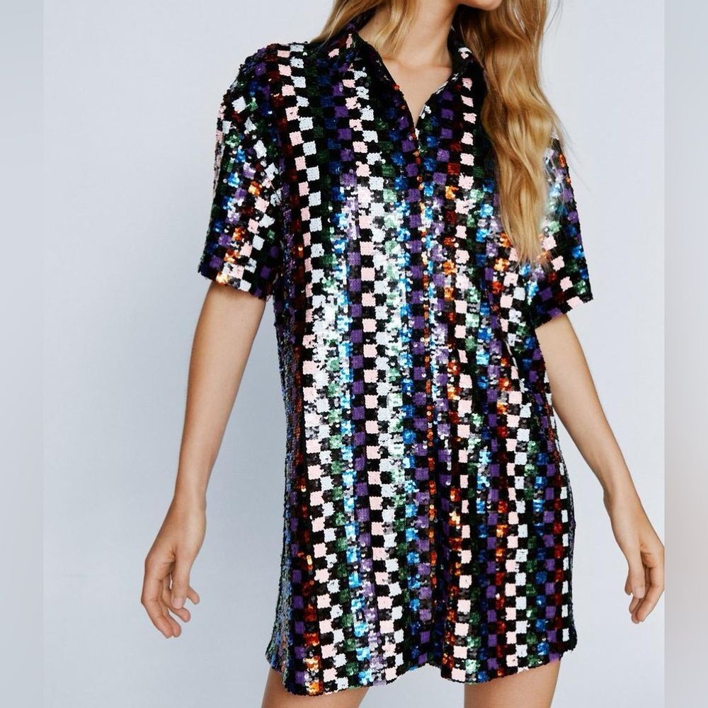 NASTY GAL Sequin Checkerboard Black Rainbow Mini Shirt Dress